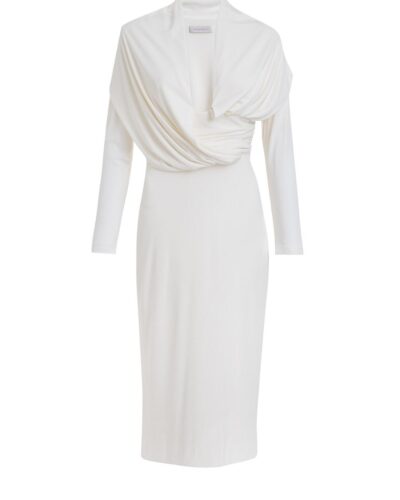 Luna Dress – White Long Sleeve Draped Midi Dress