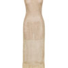 This is a gold-toned, one-shoulder mesh dress with a metallic sheen. It features a decorative gold buckle on the strap and a long fringe at the hem for a playful finish. The translucent fabric offers a stylish, layered look.