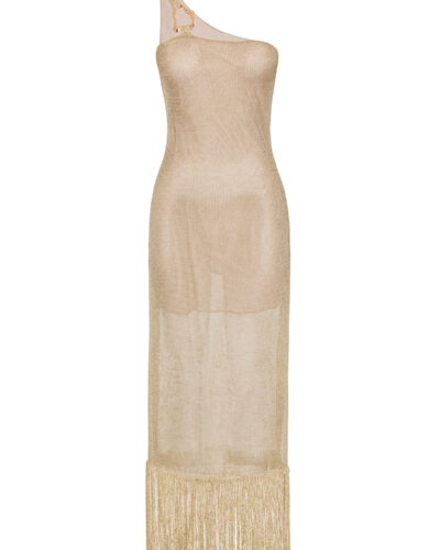 This is a gold-toned, one-shoulder mesh dress with a metallic sheen. It features a decorative gold buckle on the strap and a long fringe at the hem for a playful finish. The translucent fabric offers a stylish, layered look.