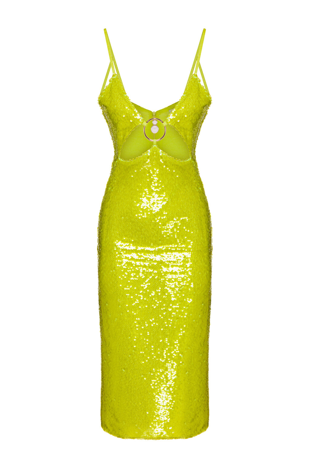 Lime Sequin Cut-Out Midi Dress with Metal Ring Detail
