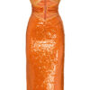 Orange sequin dress with strapless cut-out bodice, central clasp, and fitted silhouette.