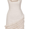 Beige strapless mini dress with gold buckle detail and tiered fringe skirt.