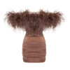 Bold off-the-shoulder mini dress in warm taupe or cocoa brown, featuring a feathery neckline for vintage Hollywood glamour.