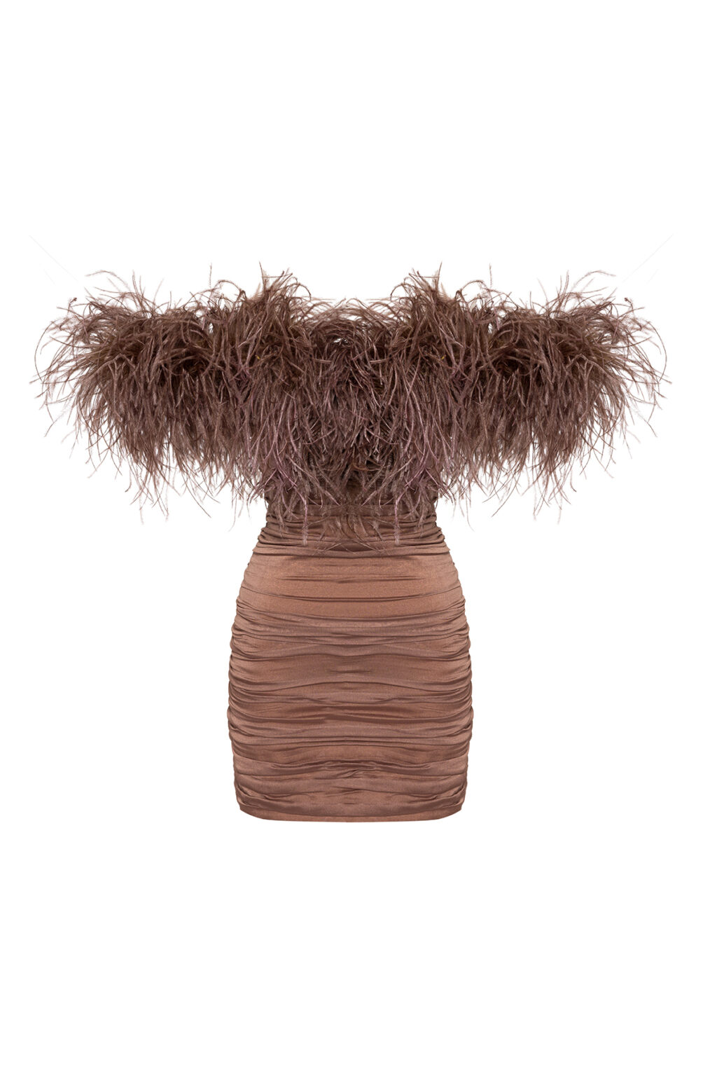 Bold off-the-shoulder mini dress in warm taupe or cocoa brown, featuring a feathery neckline for vintage Hollywood glamour.