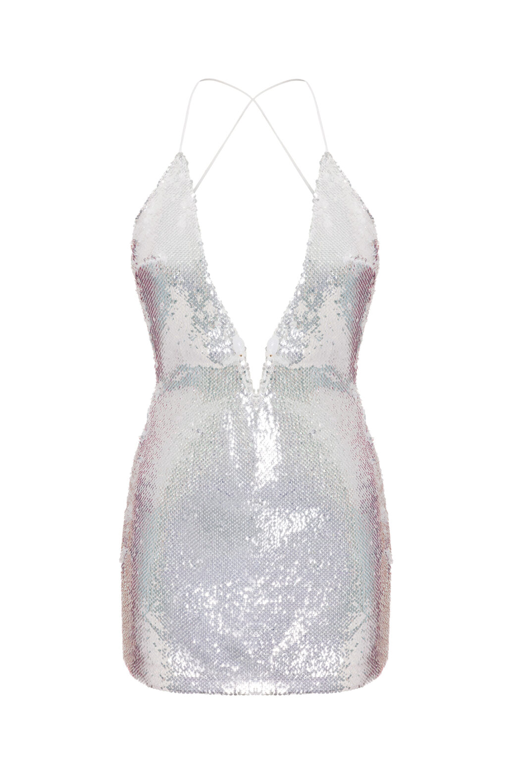 A silver, sequined mini dress with a plunging V-neckline and thin, criss-cross spaghetti straps. The dress has a fitted silhouette and an iridescent shimmer that reflects light, creating a sparkling effect across the fabric.