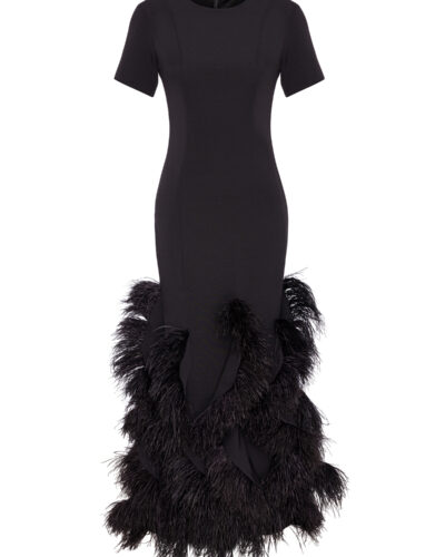 Black dress with short sleeves and feather detailing at the bottom hem.