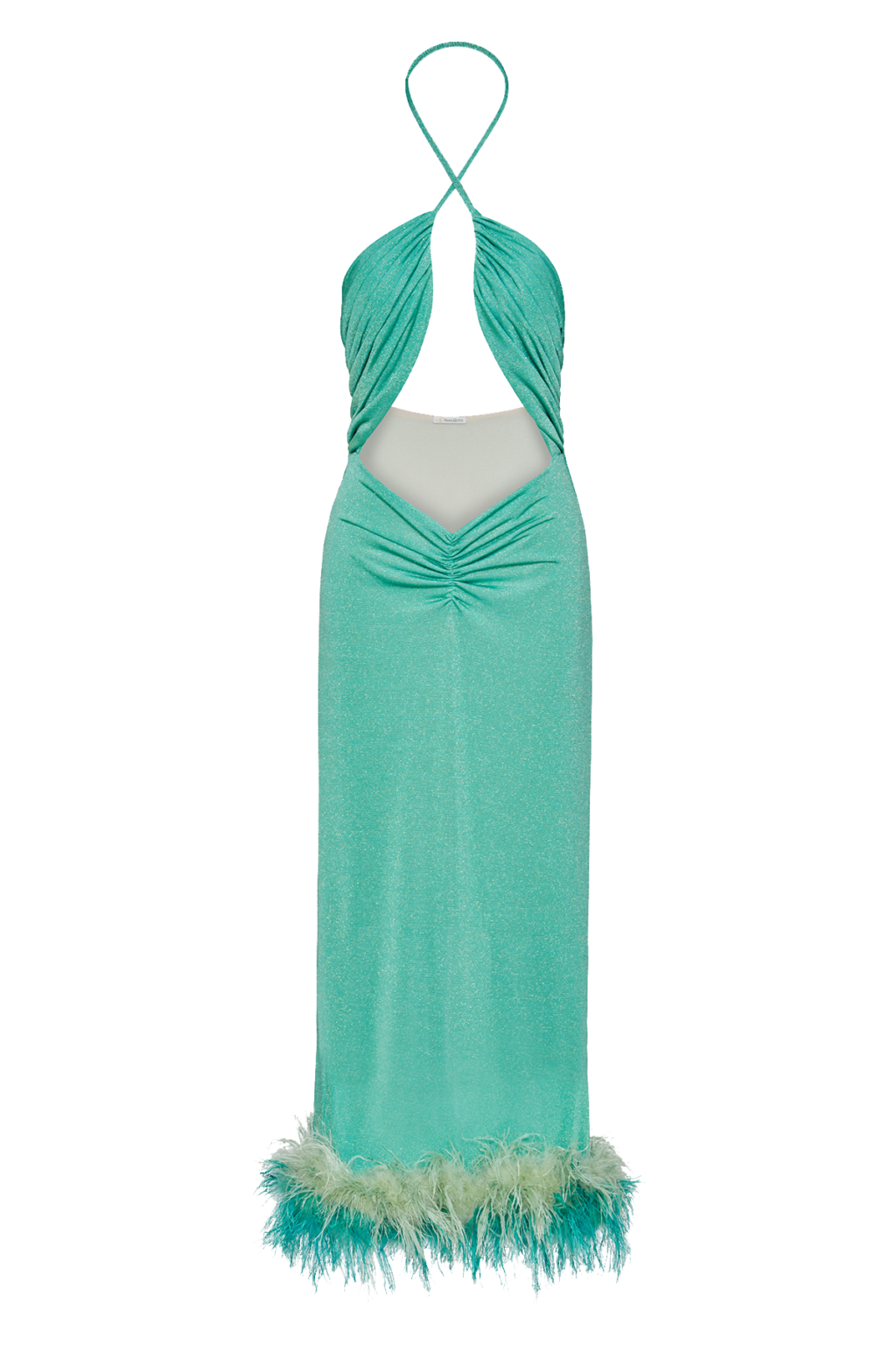 Nova Dress by Nana Gotti - Elegant halter-neck dress with front cutout and shimmering fabric, perfect for a sophisticated look