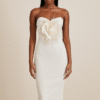 Vala Dress – Strapless White Midi with Floral Detail