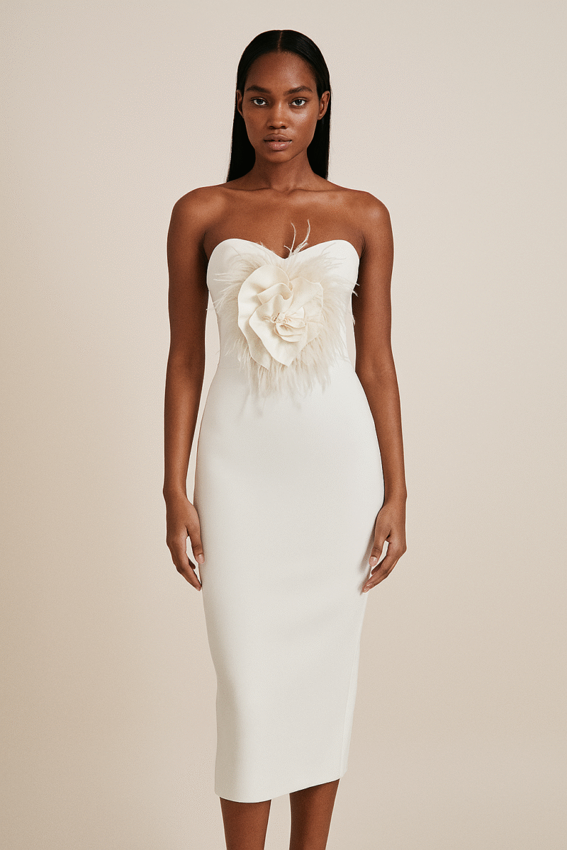 Vala Dress – Strapless White Midi with Floral Detail