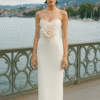 Vala Dress – Strapless White Midi with Floral Detail