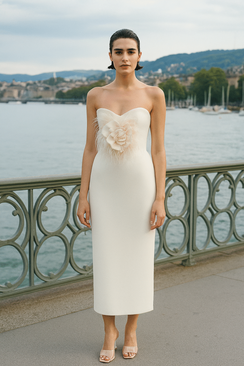 Vala Dress – Strapless White Midi with Floral Detail