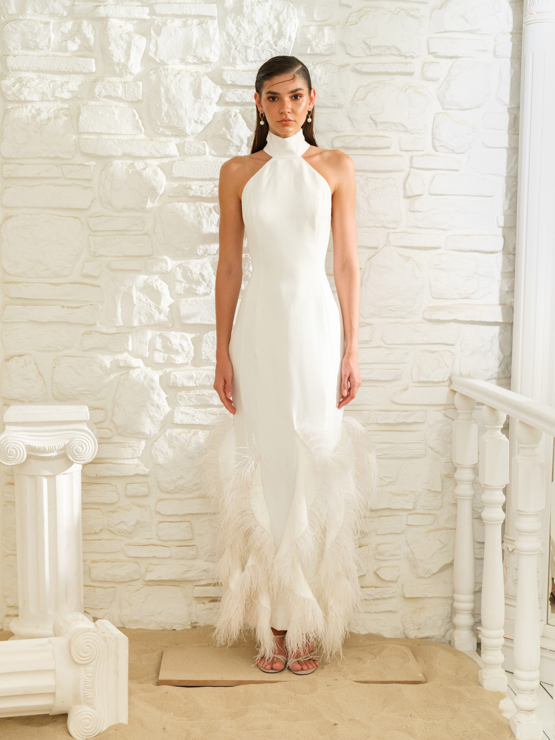 Chloe Feather-Trim Halterneck Gown