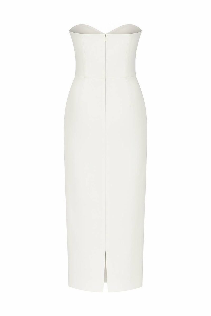 Vala Dress – Strapless White Midi with Floral Detail