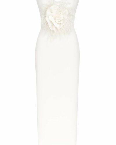 Vala Dress – Strapless White Midi with Floral Detail